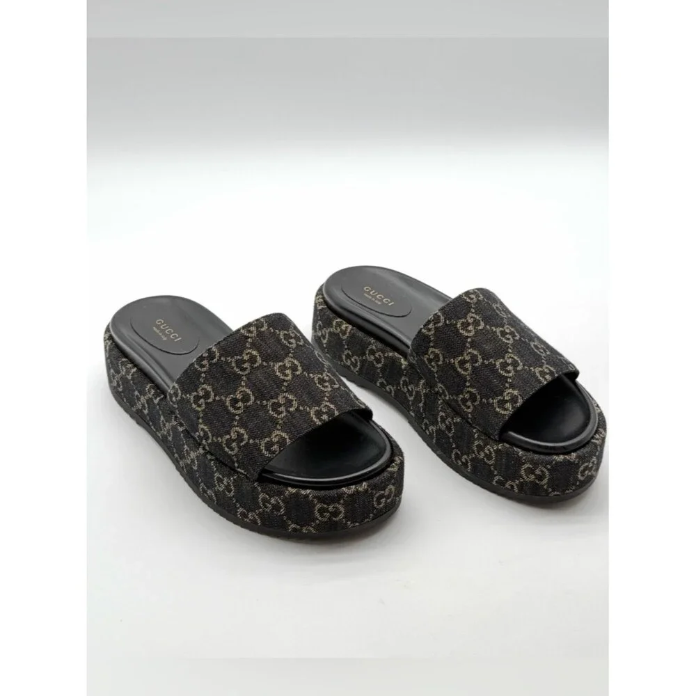 Gucci Angelina GG Monogram Platform in Black Denim Slide Sandals EU 39.5 US 9.5